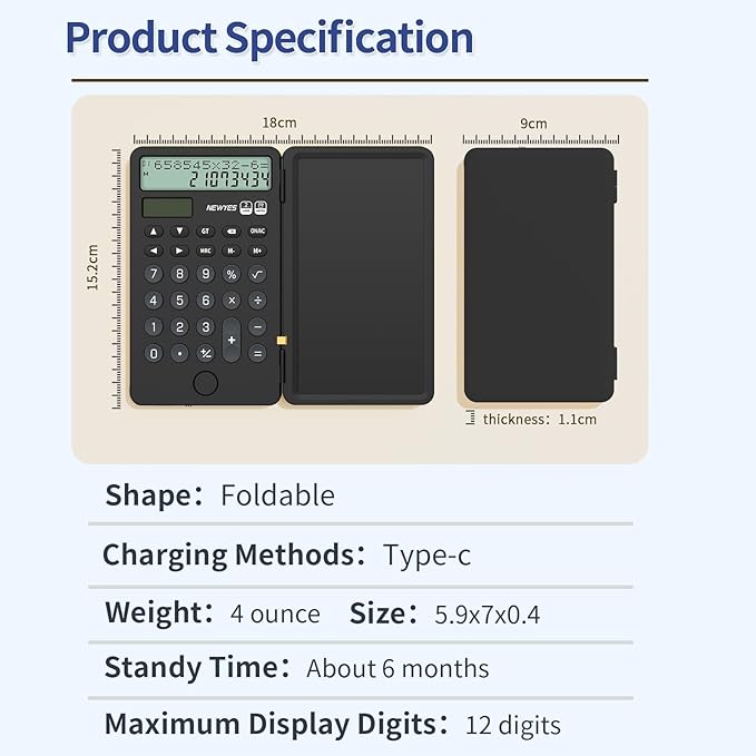 NEWYES Portable Calculator with Notepad, 2-Line 12-Digits Large Display, Rechargeable Solar Power Desk Calculator for Office School Students (Black)