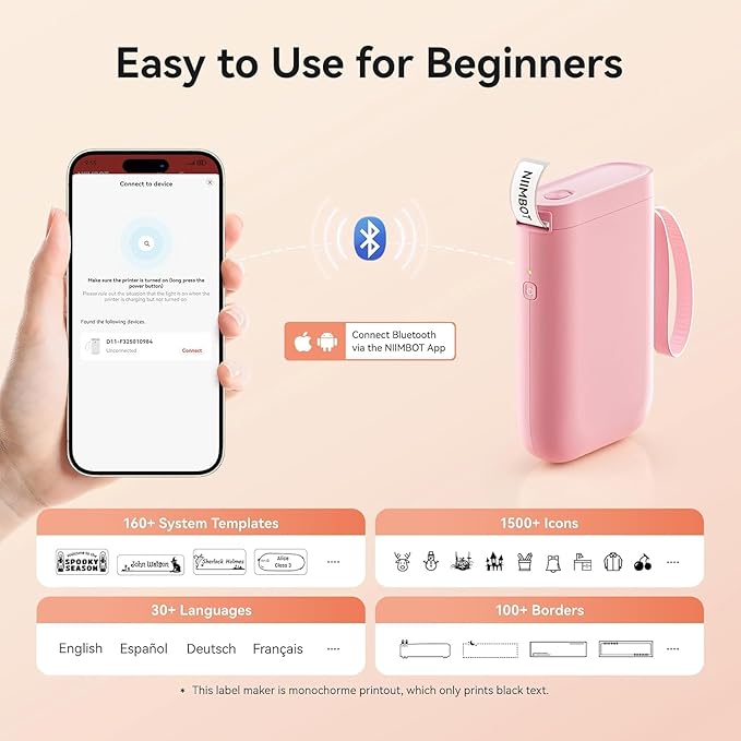 DEEPIN Label Maker Machine Portable Bluetooth Label Maker with Tape, Thermal Label Printer Multiple Templates for Phone, Mini Label Sticker Printer for Business Office Organization Pink