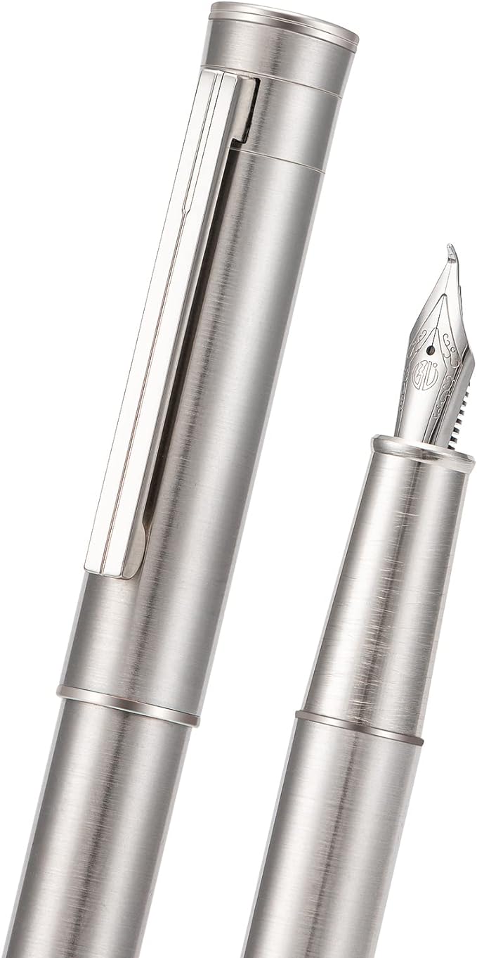 Hongdian 1861 Stainless Steel Fountain Pen Bent Nib, Classic Design Smooth Writing Pen with Converter and Metal Pen Case Set
