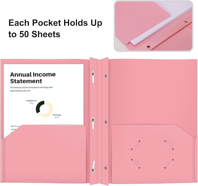 ViVin 12-Pack Durable 3-Prong Plastic Folder, Heavy Duty Pocket Folder with Brads, Pastel Color, Letter Size Poly Folders with 2 Pockets, Cute Folders for Kids, Students, Teachers and Officer (Pink)