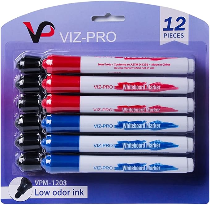 VIZ-PRO Dry Erase Markers, Fine Bullet Tip, 3 Assorted Colors, 12-Count Low-Odor Whiteboard Pens