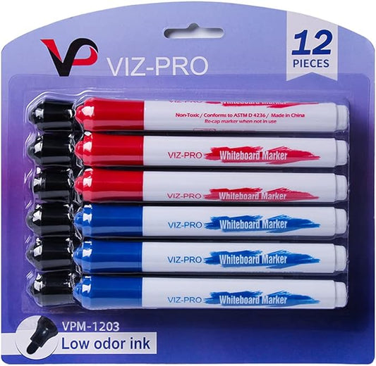 VIZ-PRO Dry Erase Markers, Fine Bullet Tip, 3 Assorted Colors, 12-Count Low-Odor Whiteboard Pens