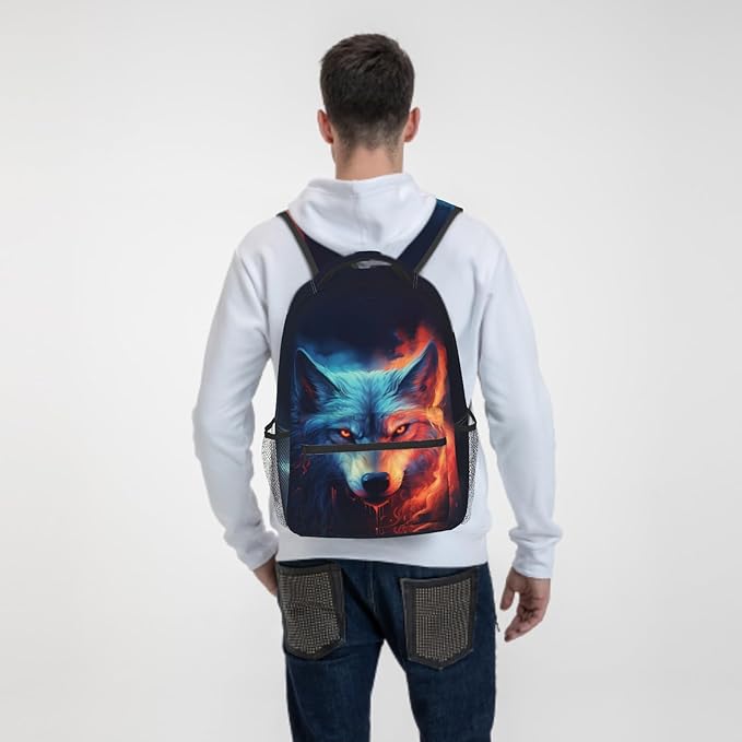 Giwawa Wolf Backpack for School, Blue Red Fire Wolf Animal Lightweight Sports Bookbags Shoulder Pack Laptop Casual Daypack Travel Bag for Women Men Boys Girls Teens Students