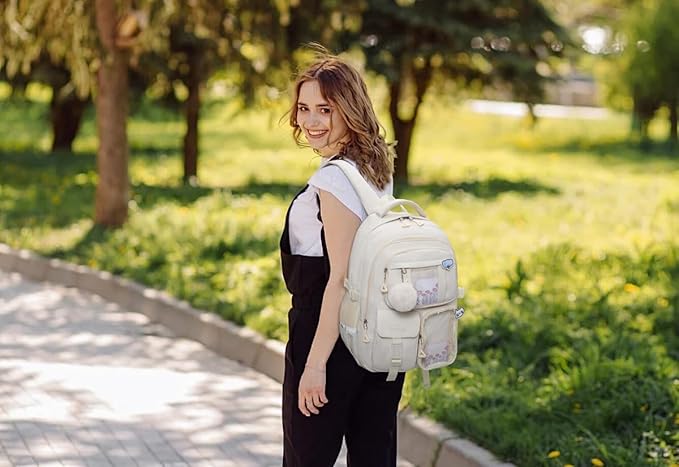Backpack for Teen Girls, Cute Aesthetic School Backpacks with Accessories for Middle High School Students, Designer Backpack for Kids Bookbag, Beige