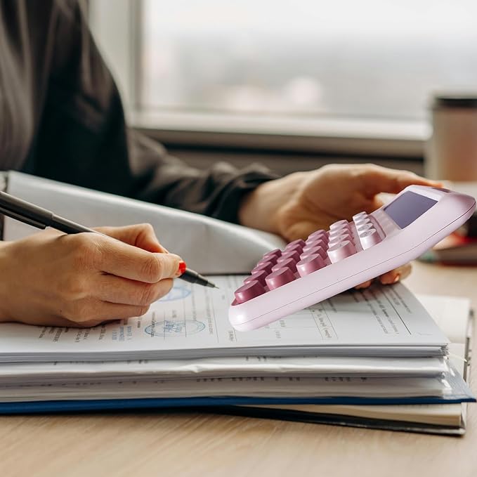 Desk Calculator, Cute 12 Digits Large LCD Display Merchanical Calculator Big Buttons for School,Office,Home,Business, Solar and Battery Dual Power, Battery Include (Pink)