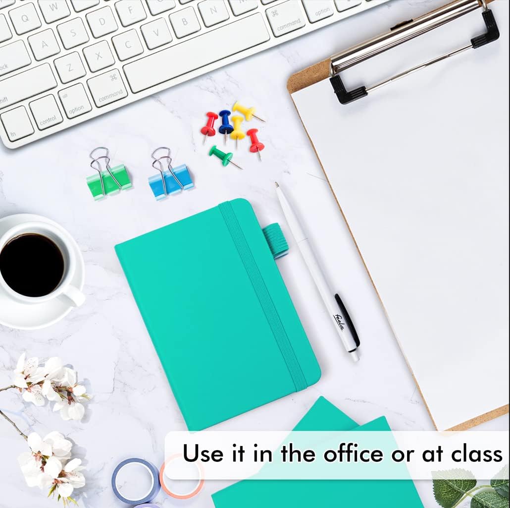 feela 3 Pack Pocket Small Notebook Journals, Mini Cute Memo Notepad Hardcover College Ruled Lined Journals with Pen Holder for Women Girls Office School, with 3 Black Pens, 3.5”x 5.5”, A6, Aqua