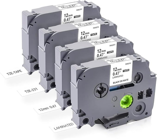 Replacement for Brother P Touch Label Maker Tape TZe-231 TZe231 TZe TZ Tape 12mm 1/2 Inch P Touch Label Make Refills, Black on White Use for Brother Label Maker PT-2040 PTD210 PTD400AD (4)