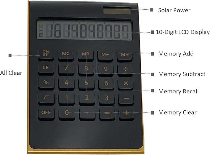 Solar Gold Standard Function Desktop LCD 10-Digit Calculator for Office, Home (Black)