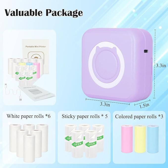 Mini Thermal Inkless Sticker Printer with 14 Rolls Paper, Compatible with iPhone/Android Phone/Tablet, Mini Pocket Printer for Photos/Stickers/Labels/Notes, Purple