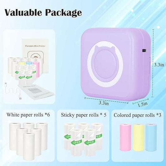 Mini Thermal Inkless Sticker Printer with 14 Rolls Paper, Compatible with iPhone/Android Phone/Tablet, Mini Pocket Printer for Photos/Stickers/Labels/Notes, Purple