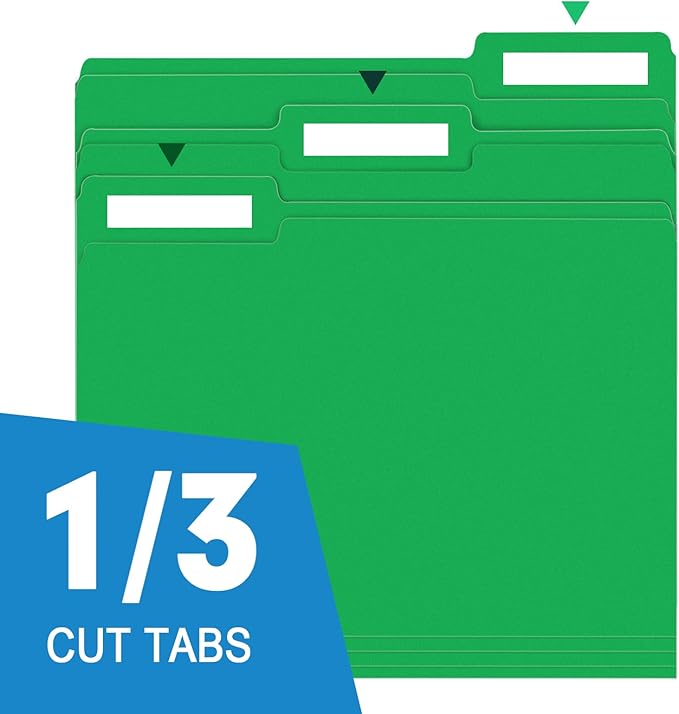 File Folder, RAZCC 150 Pack 1/3 Cut Tab File Folders Letter Size, Creen, Colored Folders with Tab Great for Organizing and Easy File Storage