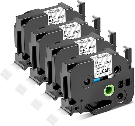 TZe-131 PTD220 Label Maker Clear Tape Replace for Brother TZ Tape 12mm 0.47 Laminated Clear Label Tape TZe131 Work with Brother P-Touch Label Tape Refills PTD210 PTD202 PTD200 PTH110, 8m, 4-Pack