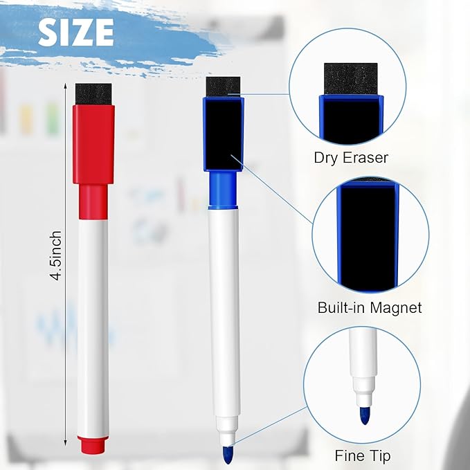Kosiz 200 Pcs Magnetic Dry Erase Markers Fine Point Tip Whiteboard Markers with Eraser Cap Magnetic Dry Erase Pens Erasable Pens for Whiteboard Dry Boards(Black, Red, Blue, Green)