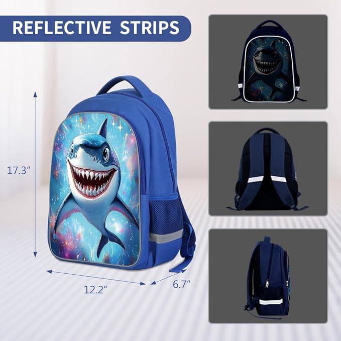 Kids Backpack, 3D Reflective Cartoon, 600D Polyester & Dual Zippers, 17" Bookbag with Ergonomic Design for boys & girls age 6-18, Shark Space Style for school Children Kids