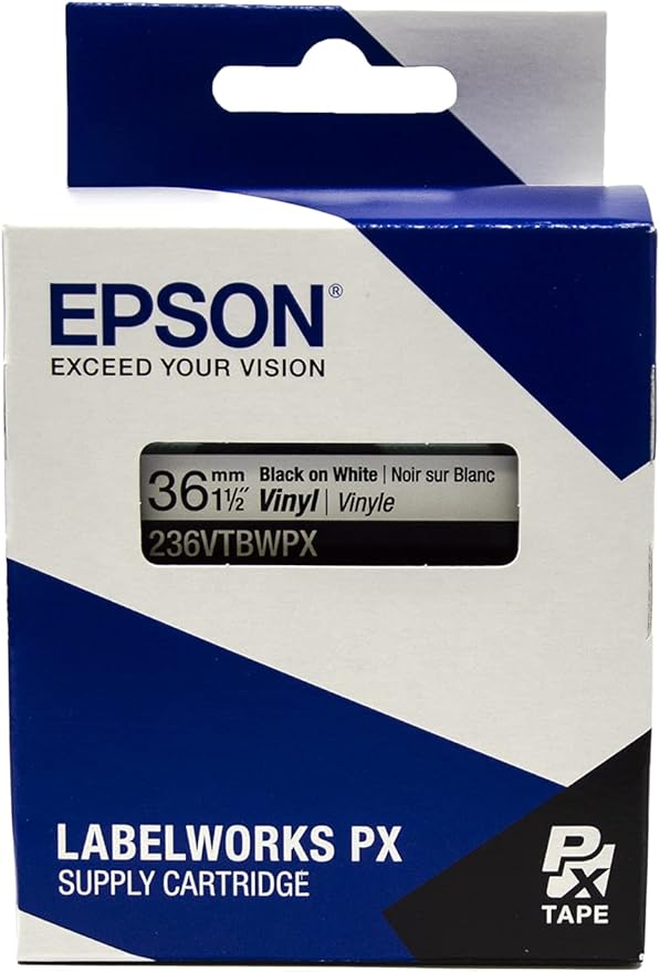 Epson LABELWORKS 236VTBWPX Genuine Tape Cartridge - Black on White Flexible and Durable Vinyl Industrial Label Maker Tape - 1.5" (36MM) Wide, 22.9 ft