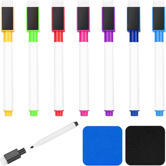 8 Pcs Colorful Magnetic Dry Erase Markers with Eraser, White Board Mini Dry Erase Markers with Eraser Cap, Fine Point Tip Student White Board Markers for Teachers Office School Supplies