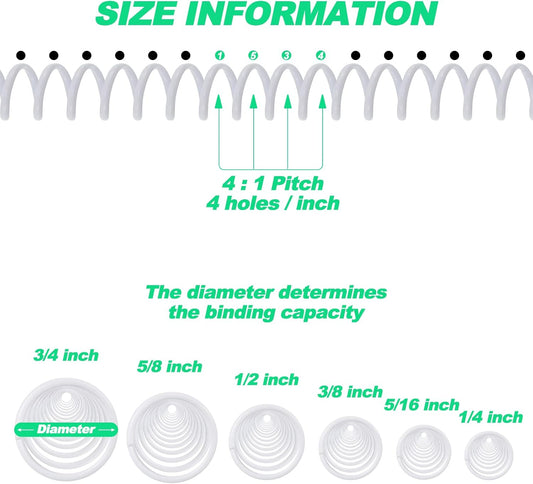 Leinuosen 120 Pack Plastic Spiral Binding Coils Kit Spirals Multi Size Coils for Binding Binder Combs Spines(1/4 5/16 3/8 1/2 5/8 3/4 Inch,White)