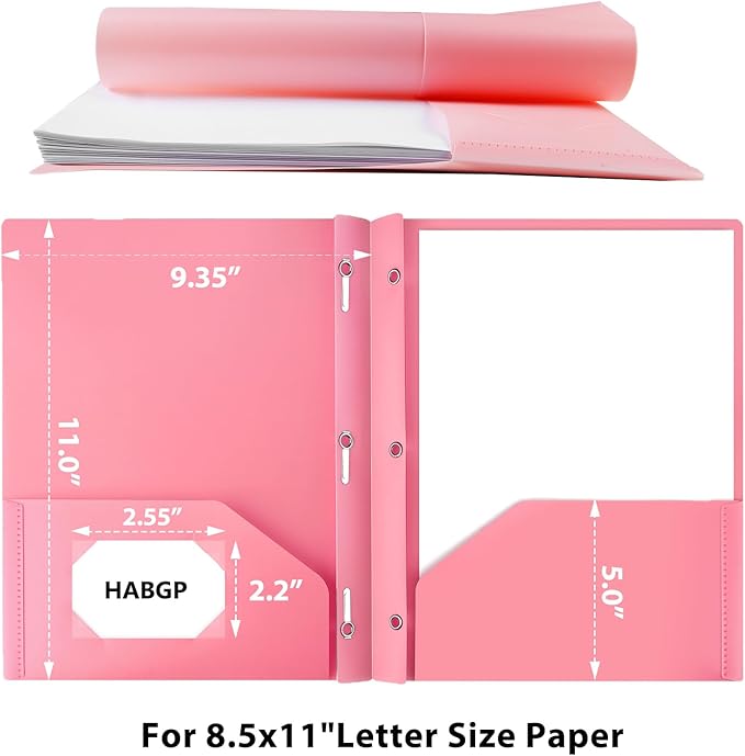 HABGP Two Pocket Folder With Prongs (5 Pack, Pastel Colors), Plastic Folders With Pockets and Business Card Holder, Fit Letter Size, for Organizing Papers in School, Office & Business