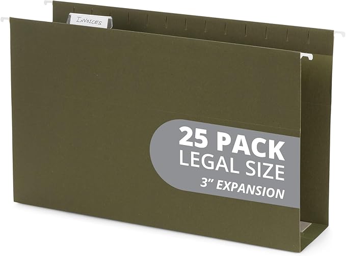 25 Blue Summit Supplies Legal Size Hanging File Folders with 3" Expansion, Standard Green Expandable Hanging File Folders, 25 Plastic Tabs and Inserts, Durable 12pt Paper