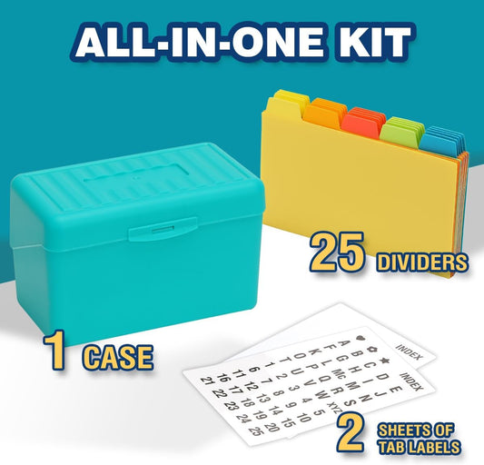 H4D Index Card Holder 3x5 Inches with 25 Plastic Dividers, Teal