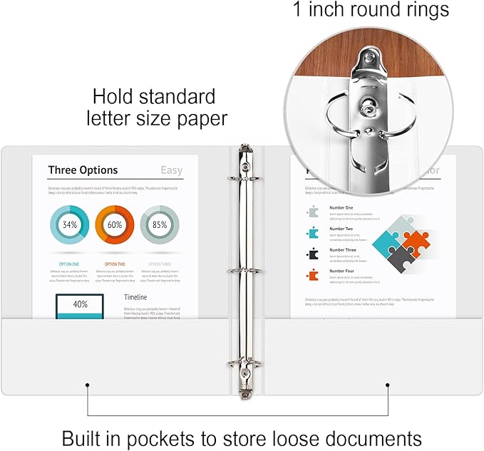 COMIX Sturdy 3 Ring Binder 1 inch with Clear View Cover, 1" Round Ring View Binder, PVC-Free, 200 Sheets Capacity of US Letter Size Paper, Office ＆ School Supplies, 6 Pack (White)