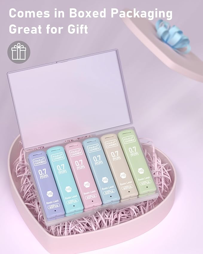 Four Candies 0.7mm Lead Refills in Case, Pack of 720 PCS Black HB #2 Break Resistant Mechanical Pencil Refills, 12 Tubes of 0.7 Lead, 60 Pieces per Tube