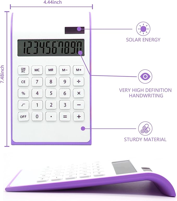 Purple Solar Battery Basic Office Calculator with Large LCD Display