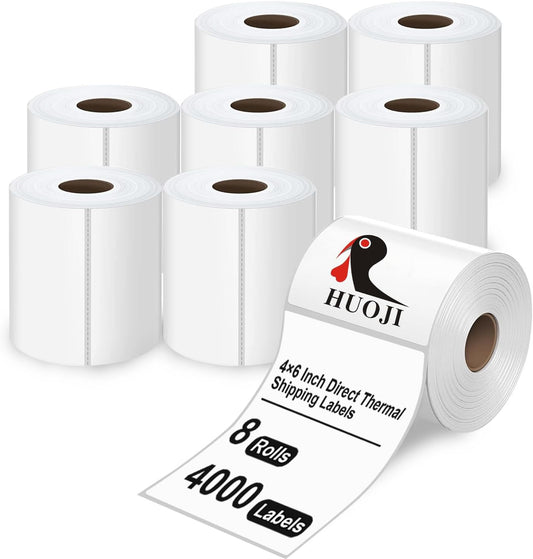 HUOJI 4x6 Direct Thermal Shipping Labels, 8 Rolls 4000 Labels, Compatible with Rollo, Zebra, MUNBYN Printers, Commercial Grade