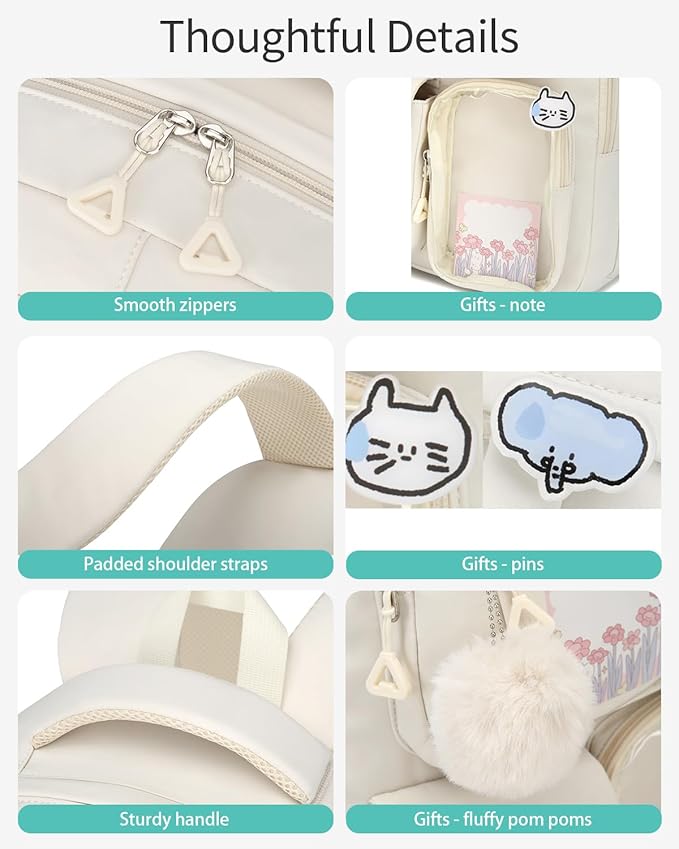 Large Backpack for Teen Girls, Cute Aesthetic School Backpacks with for Middle High School Students, Designer ITA Backpack for Kids Bookbag, Beige