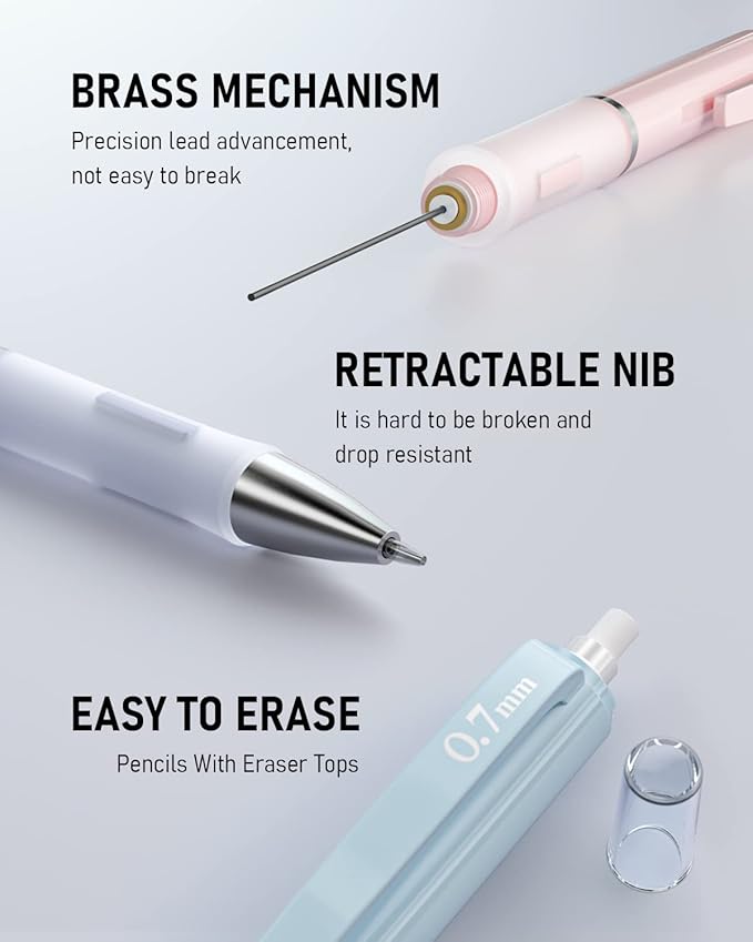 Nicpro 3PCS Cute Mechanical Pencil Set with Case, 0.7 mm Pencils with 6 Tube HB Lead Refill, 3PCS Eraser, 9PCS Eraser Refill for School Supplies Kid Student Writing, Drafting Drawing Sketching