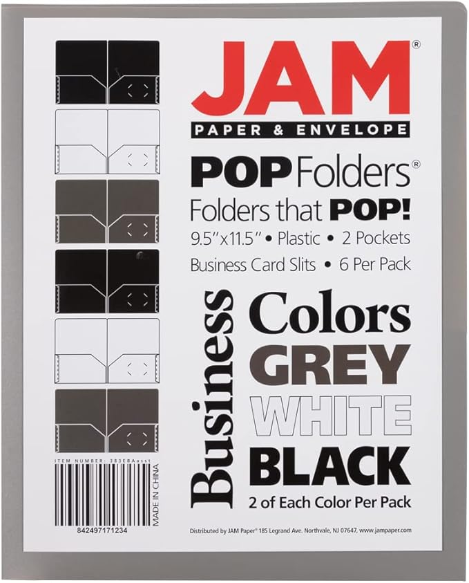JAM PAPER Plastic 2 Pocket POP Folders - Durable School Folders - Assorted Business Colors - 6/Pack