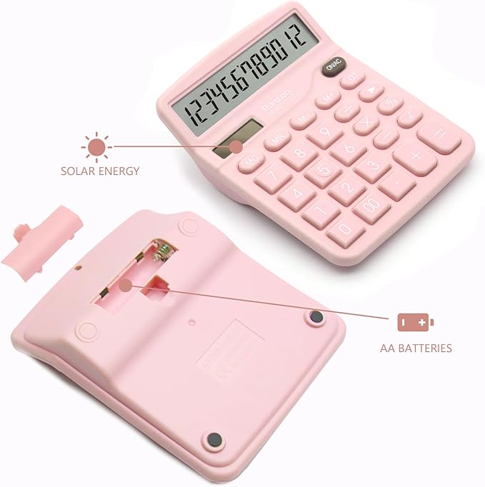 2PC Pink Calculator, Solar Battery Dual Power Calculator,Desktop Calculator 12 Digit with Large LCD Display, Pink Office Supplies with Sensitive Button, Pink Desk Accessories, School Supplies