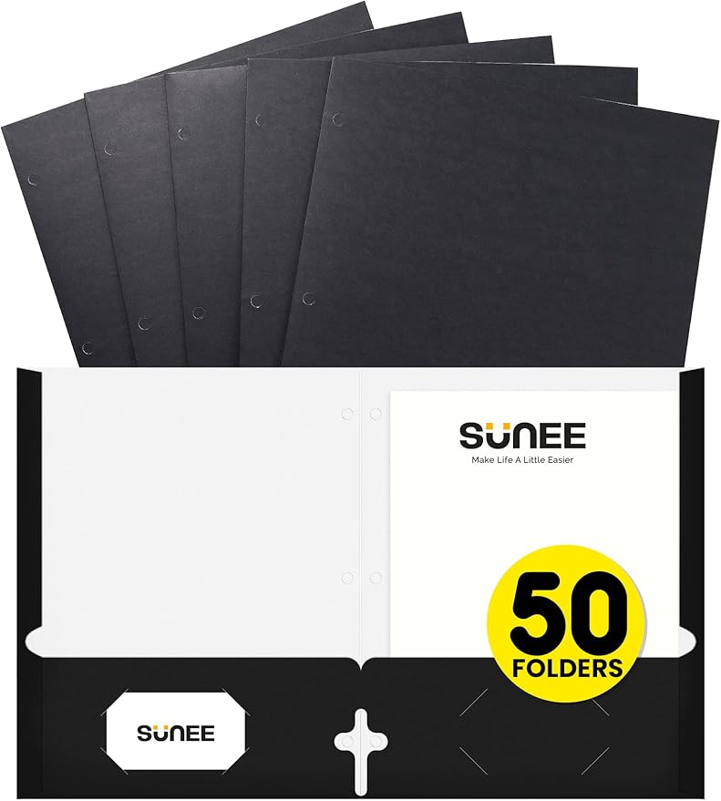 SUNEE Folders with Pockets 3 Hole Punched(50 Pack, Black), 2 Pocket Folders Fit Letter Size Paper, Paper File Folder for School Office Home Business