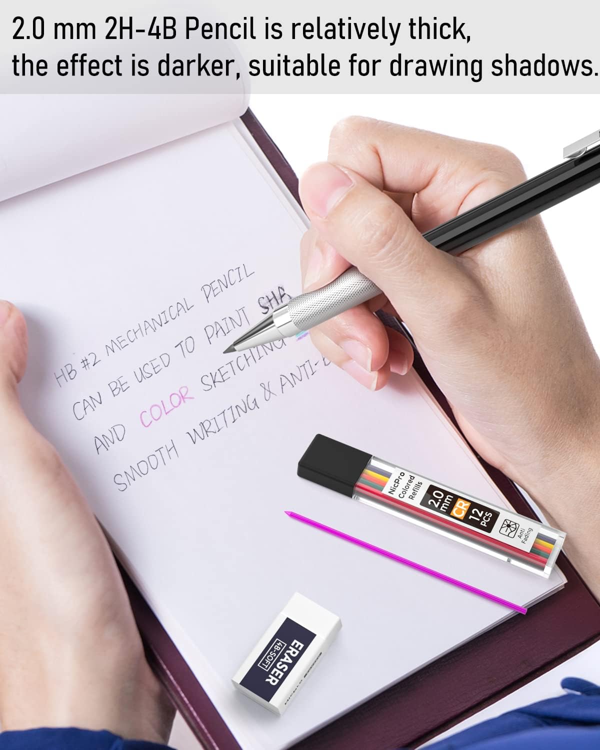 Nicpro Black Art Mechanical Pencil Set in Case, Metal Drafting Pencils 0.3, 0.5, 0.7, 0.9 & 2mm Graphite Holders (2H HB 2B 4B Colored Lead) for Sketching Drawing with 9 Lead Refills, 2 Erasers