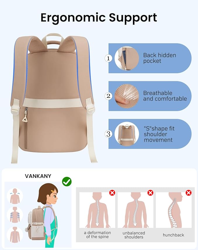 School Backpack for Teen Girls, 15.6in Laptop Bag Cute Bookbag Aesthetic for Middle High School Big Student College Women (Khaki Beige)