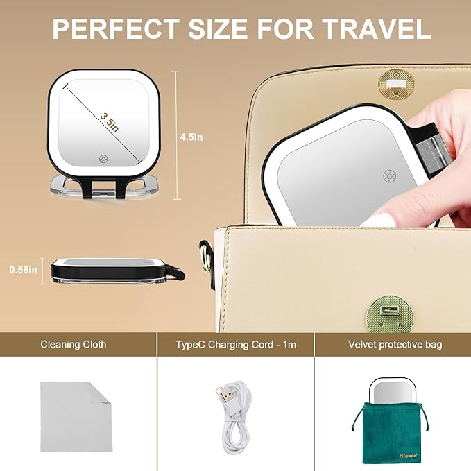 Mocado Compact Travel Makeup Mirror, 1X/10X Magnifying Mirror with Light, Double Sides Compact Mirror with 3 Color Light, Dimmable Handheld Mirror, Rechargeable Travel for Purse,Pocket(Black)