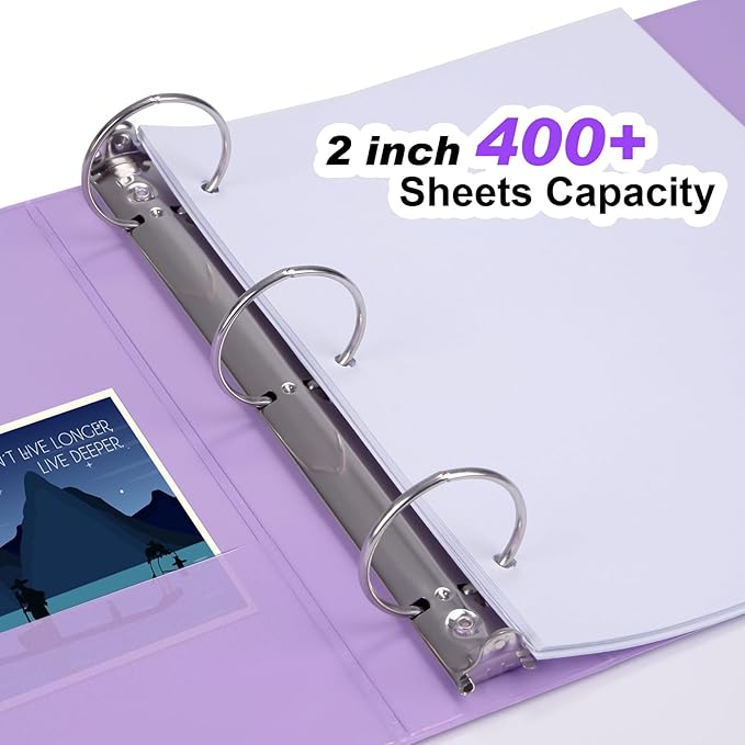 COMIX Standard 3 Ring Binder 2 inch with Clear View Cover, 2" Round Ring View Binder Holds 400 Sheets of US Letter Size Paper, 6 Pack (Pale Purple)