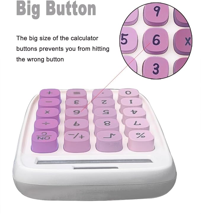 Mechanical Calculator, Cute Calculator with Dual Power 8 Digit Tilt Screen and Big Button for Teachers Students Basic Office (White and Purple)