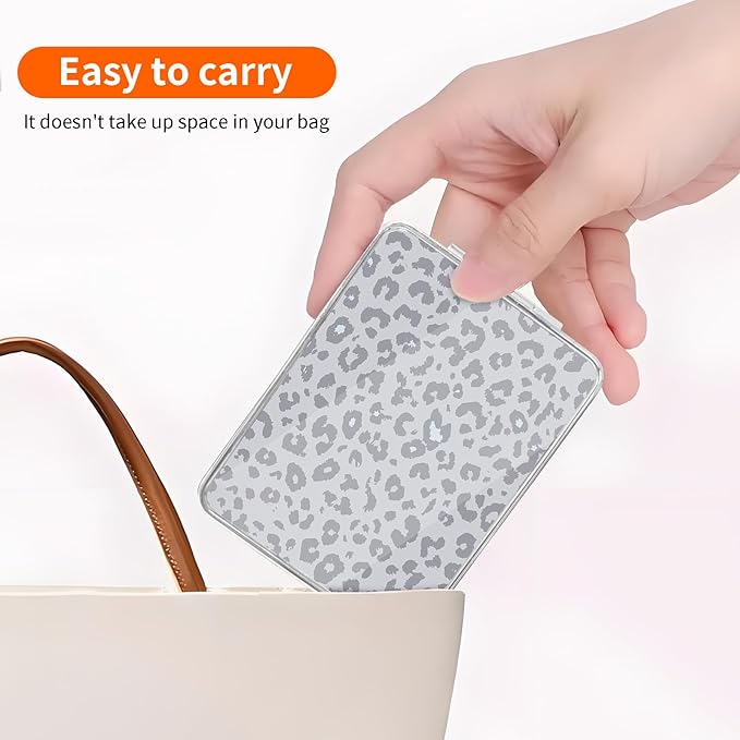 Compact Pocket Mirror, Cute Travel Mini Mirror with Magnification, Foldable Double-Sided Portable Cosmetic Mirror for Men, Women Grey Leopard