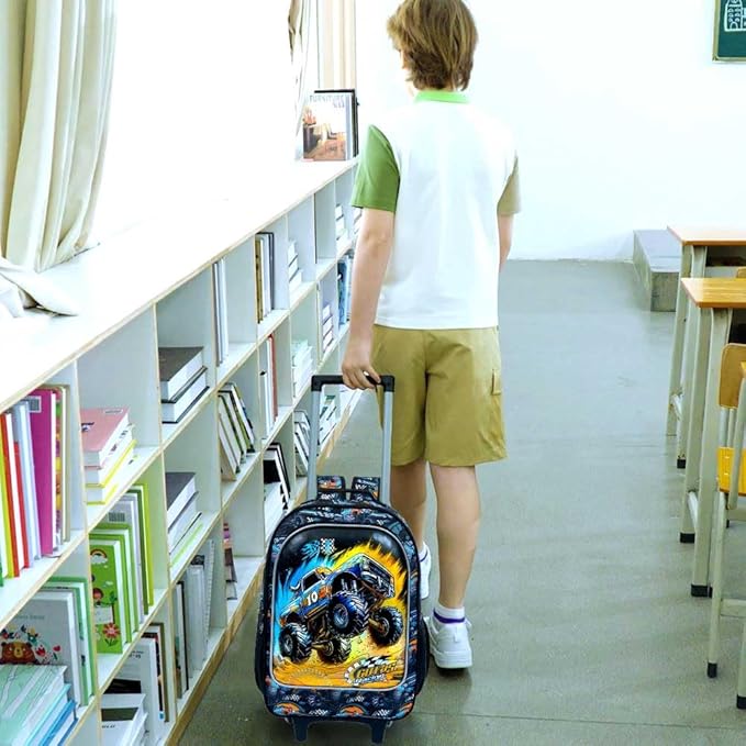 3Pcs Truck Rolling Backpack for Boys, Kids School Backpacks with Wheels, Roller Bookbag with Lunch Box for Elementary Preschool(Black)