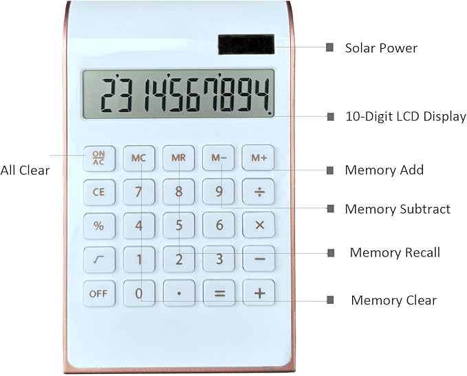 Solar Gold Calculator Standard Function Desktop Calculator LCD 10-Digit Desktop Calculator for Office, Home (Rosegold)