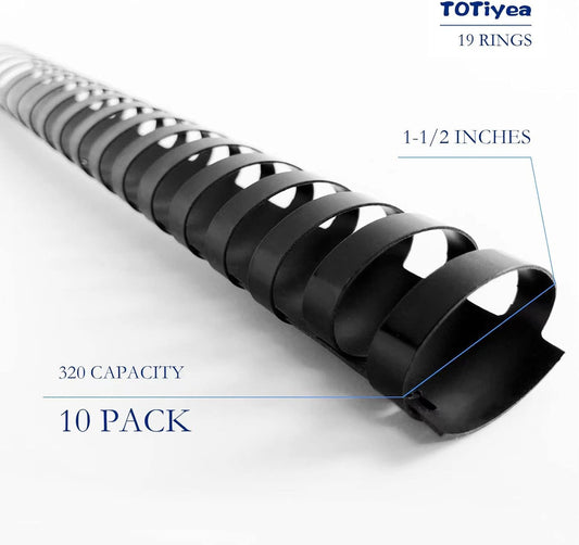 TOTiyea 19 Ring Plastic Binding Combs, 1-1/2 Inch Diameter, 320 Sheet Capacity, Letter Size, Black Comb Binding Spines (10 Pack)
