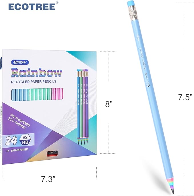 ECOTREE Pre-Sharpened Pencils #2 Cute Number 2 Pencil with Erasers for Kids Eco Rainbow Paper Pencil for School, Writing, 24 Count