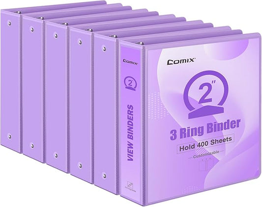 COMIX Standard 3 Ring Binder 2 inch with Clear View Cover, 2" Round Ring View Binder Holds 400 Sheets of US Letter Size Paper, 6 Pack (Pale Purple)