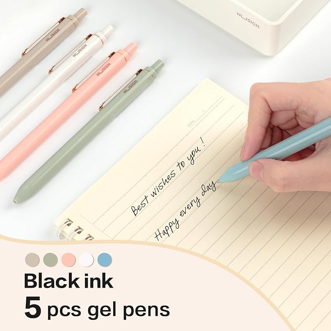 Gel Pens, 5 Pcs 0.5mm Retractable Quick Dry Black Ink Fine Point Rolling Ball Gel Pen, Smooth Writing No Bleed for Journaling Note Taking, Home School Office Supplies