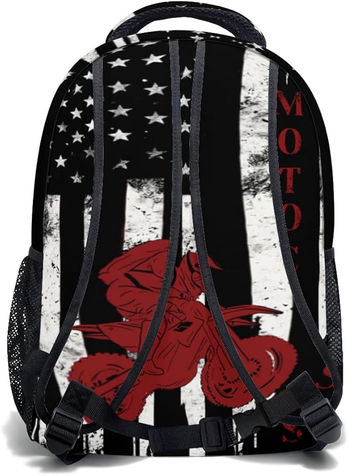 Dirt Bike Backpack for Boys American Flag Motocross School Bookbag Vintage Black White and Red Racing Motorcycle College Shoulders Back Pack for Travel Hiking Camping