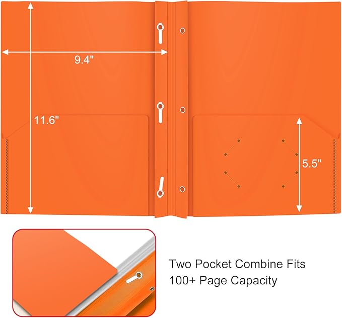 ViVin 12-Pack Sturdy Plastic Folders with Pockets and Prongs, 2 Pocket Folder with 3 Prongs, fits 8.5 * 11 Letter Size Paper, for School, Office and Home (Orange)