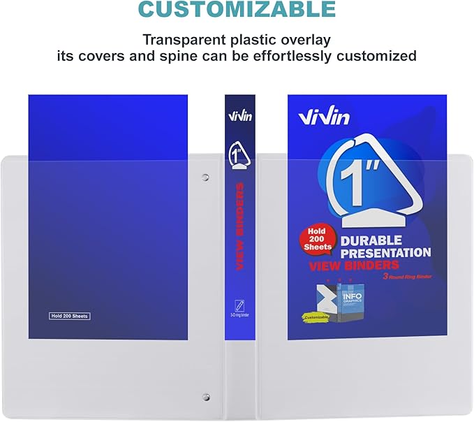 3 Ring Binder 1 Inch, ViVin Sturdy 1"-Slant D Ring Binder with 2 Interior Pockets, Clear View Cover, PVC-Free, Fits 225 Sheets of US Letter Size Paper (12 Pack, White)