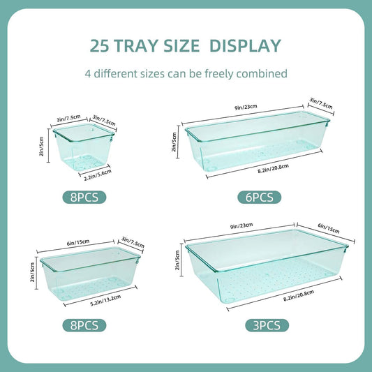 Kitchen Desk Drawer Organizers Storage for Office, Small Acrylic Vanity Trays Makeup Organizer for Drawer Bathroom Plastic Make up Organizers 25 Pcs Clear Blue