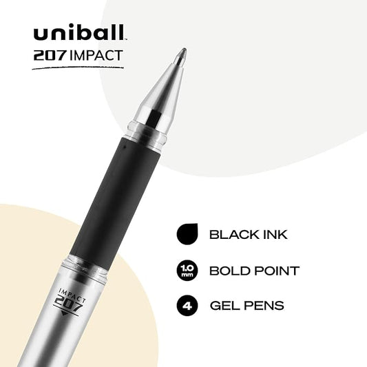 uni-ball Signo 207 Impact Stick Gel Pen, 4 Black Pens, 1.0mm Bold Point Gel Pens, Smooth Writing, Archival-Quality Ink, Acid-Free, Superior Comfort
